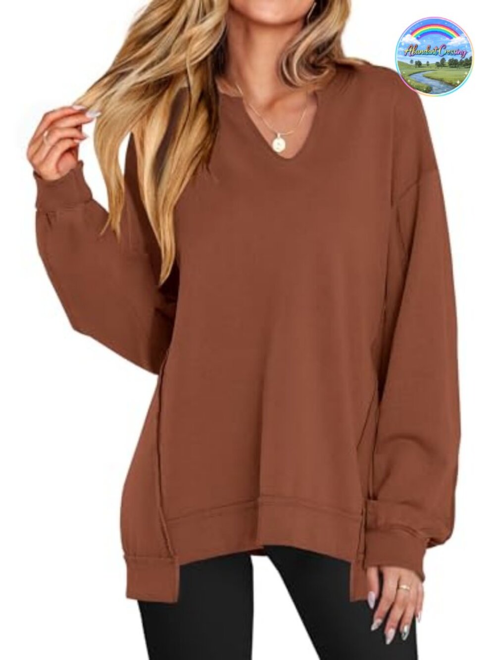 Women's Oversized V-Neck Sweatshirt High-Low Hem Patchwork Pullover